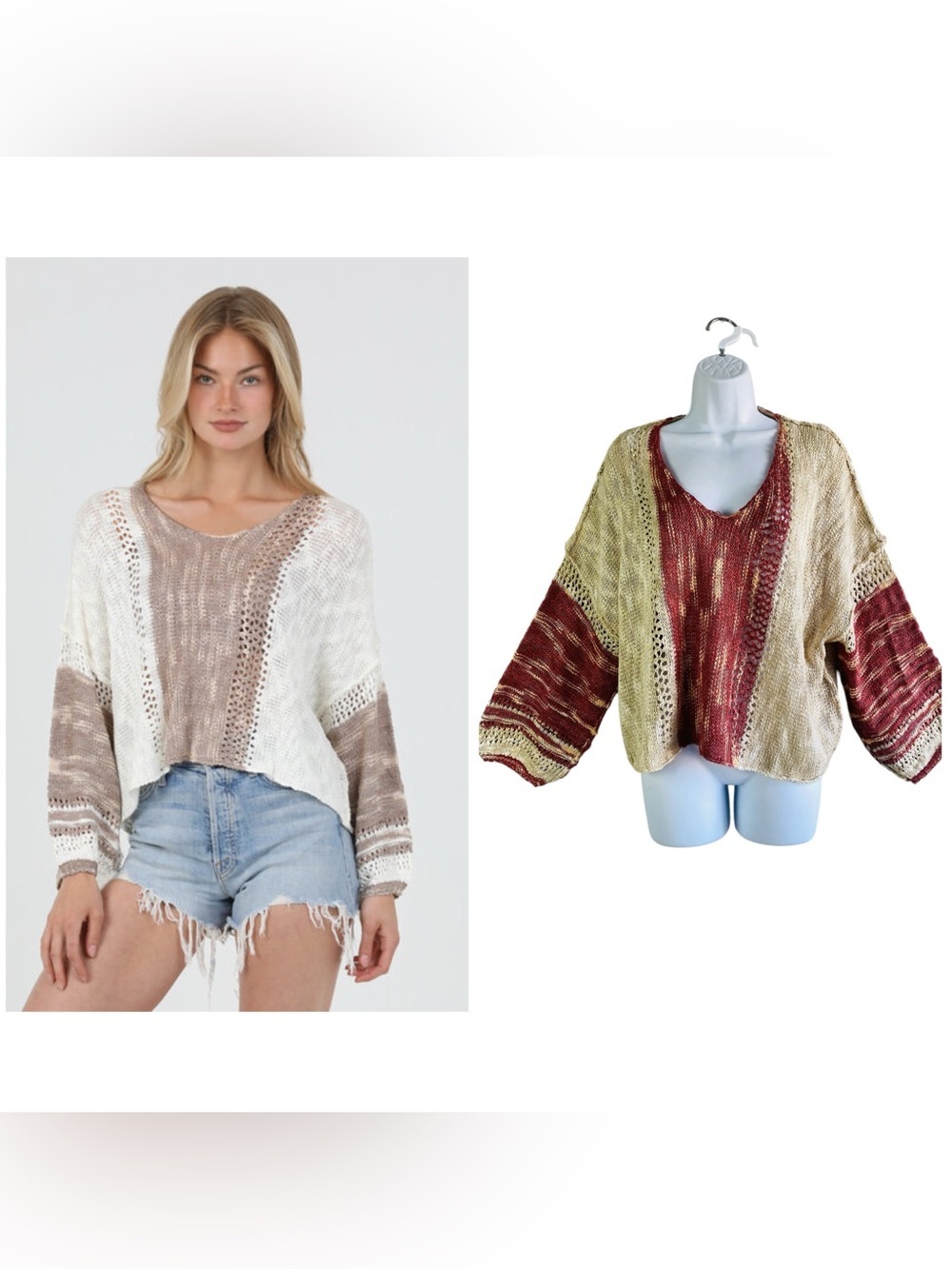 Angie Open Knit Beach Cropped V Neck Sweater Size M
